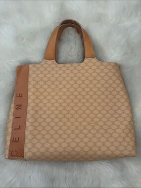 Celine Beige Canvas Tote with Tan Leather Trim